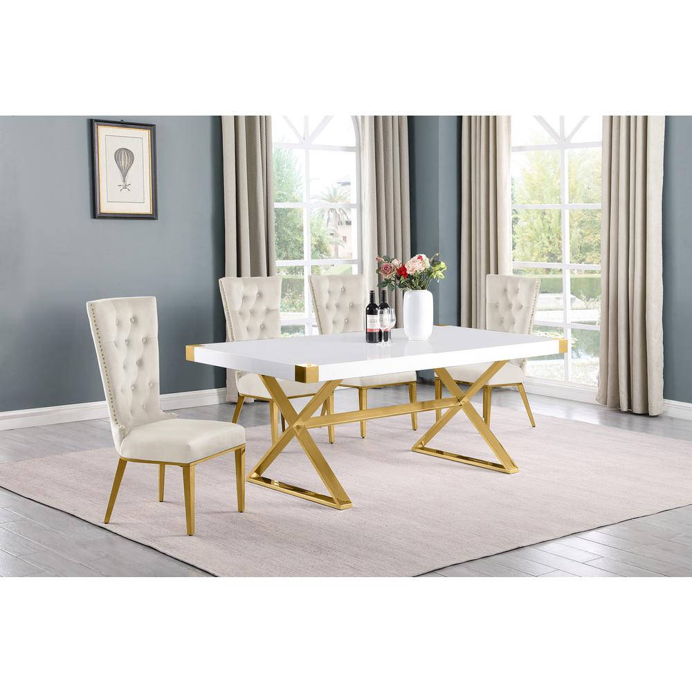 5pc Small(78″) white wood top dining set with gold base and 4 Cream side chairs
