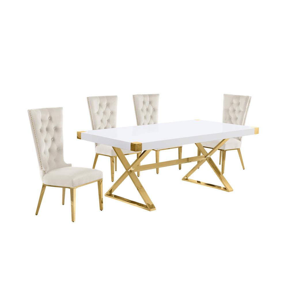 5pc Small(78″) white wood top dining set with gold base and 4 Cream side chairs