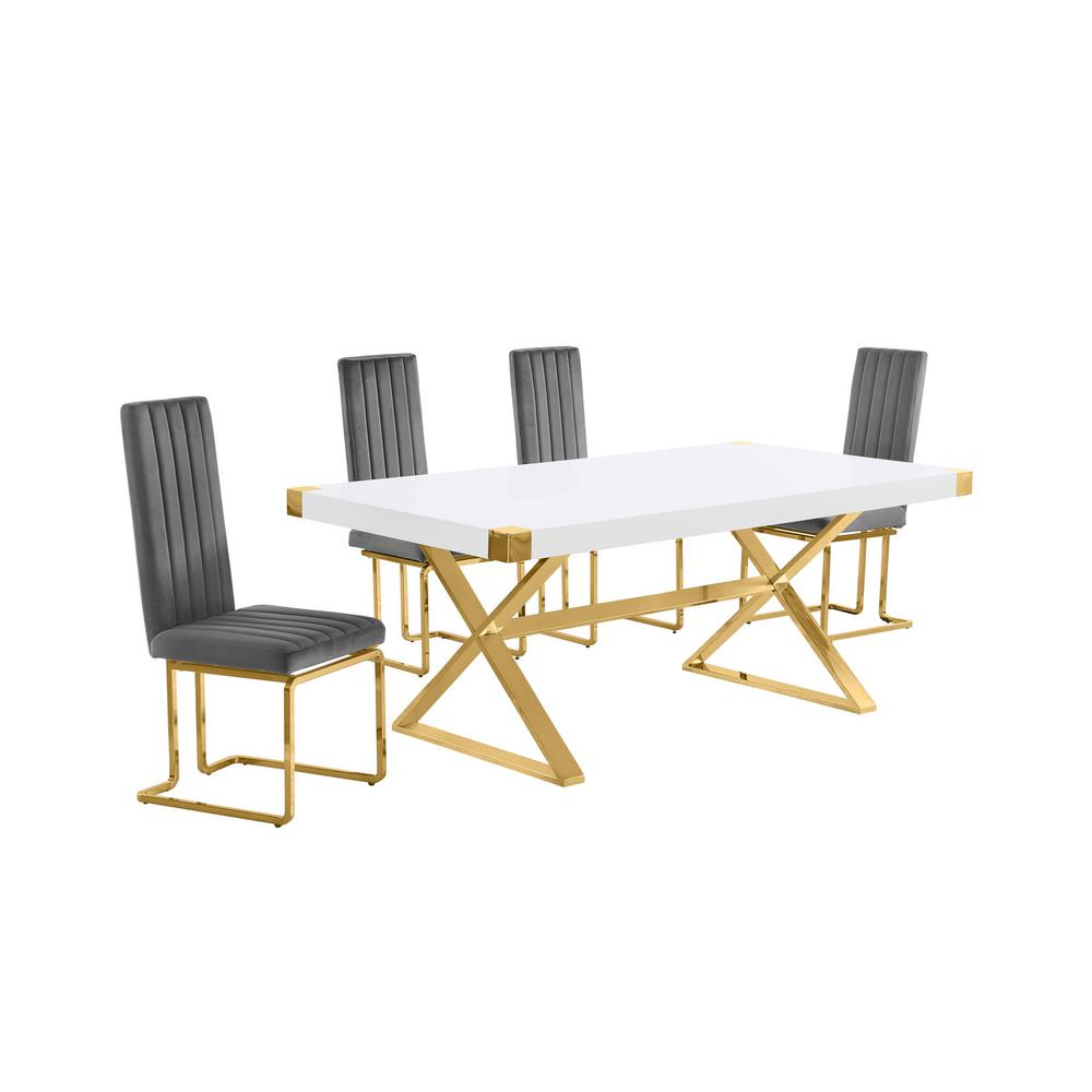 5pc Small(78″) white wood top dining set with gold base and 4 chairs