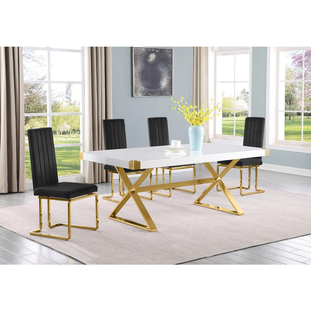 5pc Small(78″) white wood top dining set with gold base and 4 Black side chairs