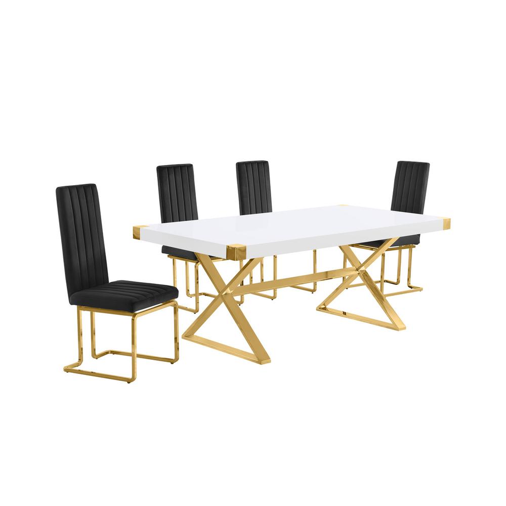 5pc Small(78″) white wood top dining set with gold base and 4 Black side chairs