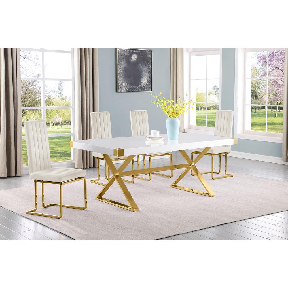 5pc Small(78″) white wood top dining set with gold base and 4 Cream side chairs