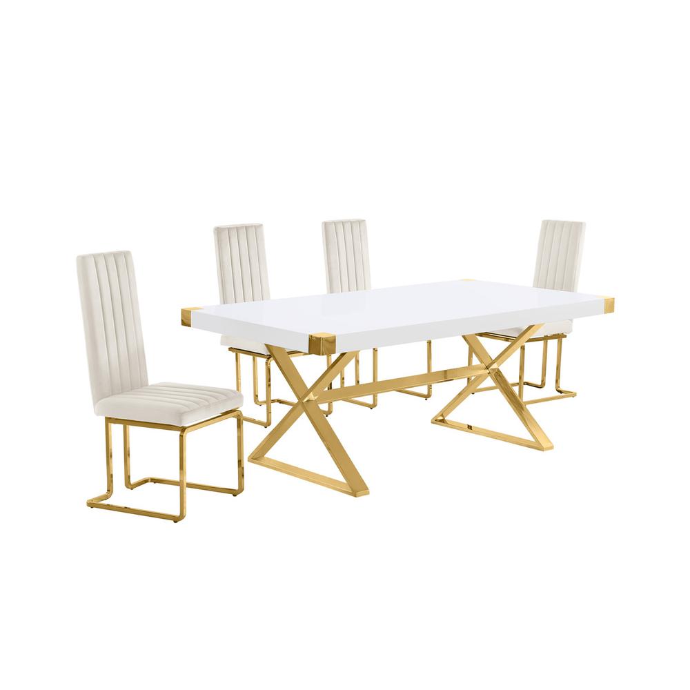5pc Small(78″) white wood top dining set with gold base and 4 Cream side chairs