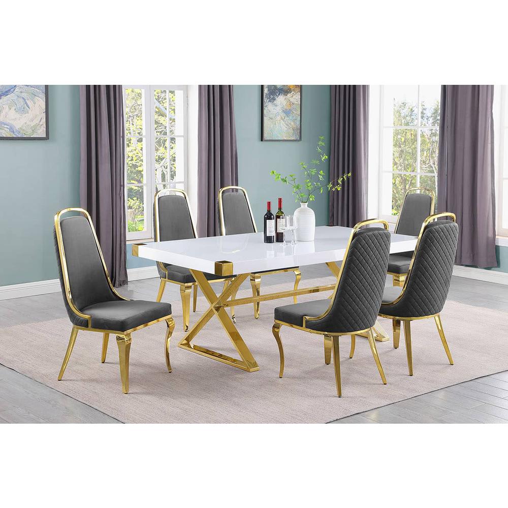 7pc Small(78″) white wood top dining set with gold base and 6 side chairs