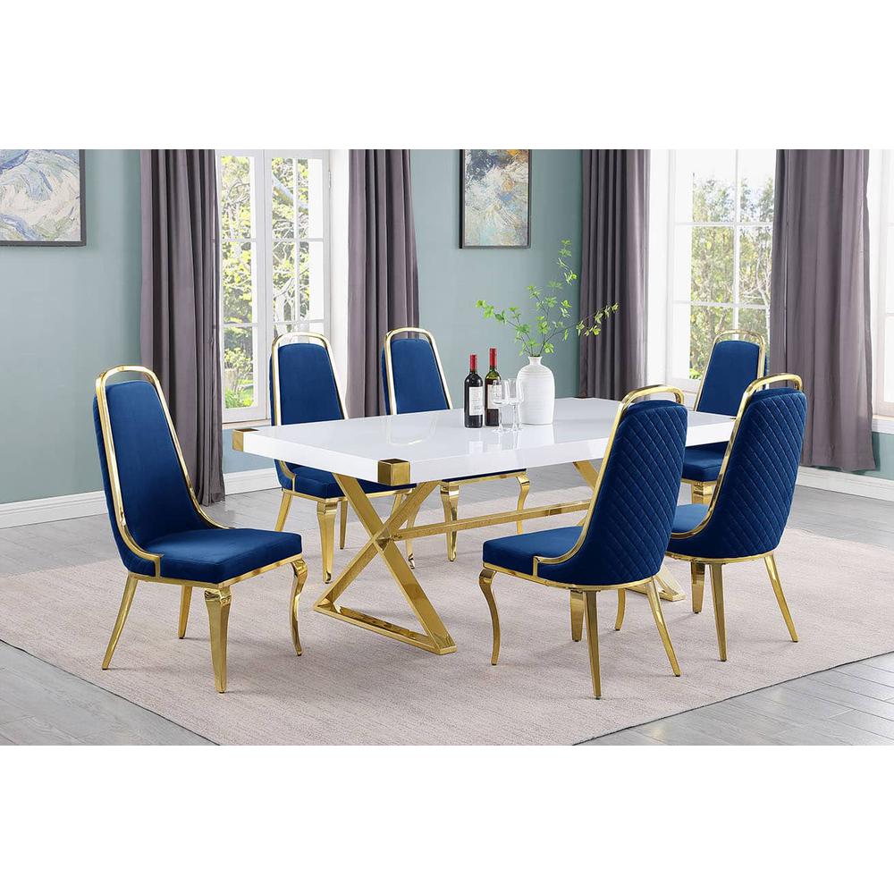 7pc Small(78″) white wood top dining set with gold base and 6 side chairs