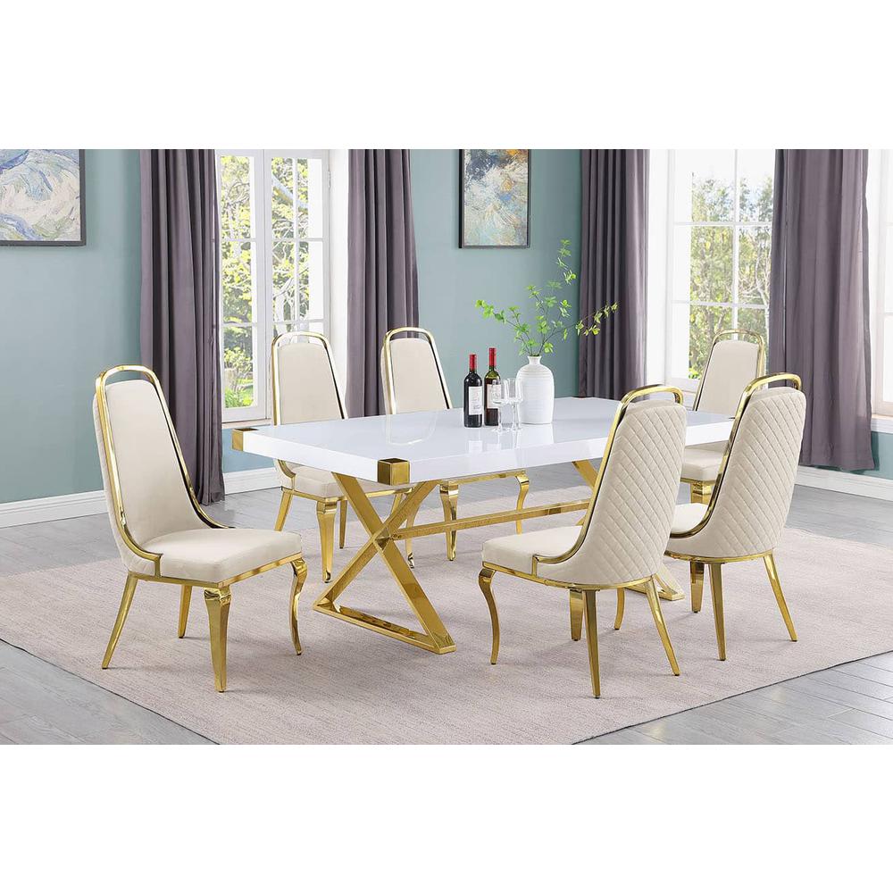 7pc Small(78″) white wood top dining set with gold base and 6 Cream side chairs