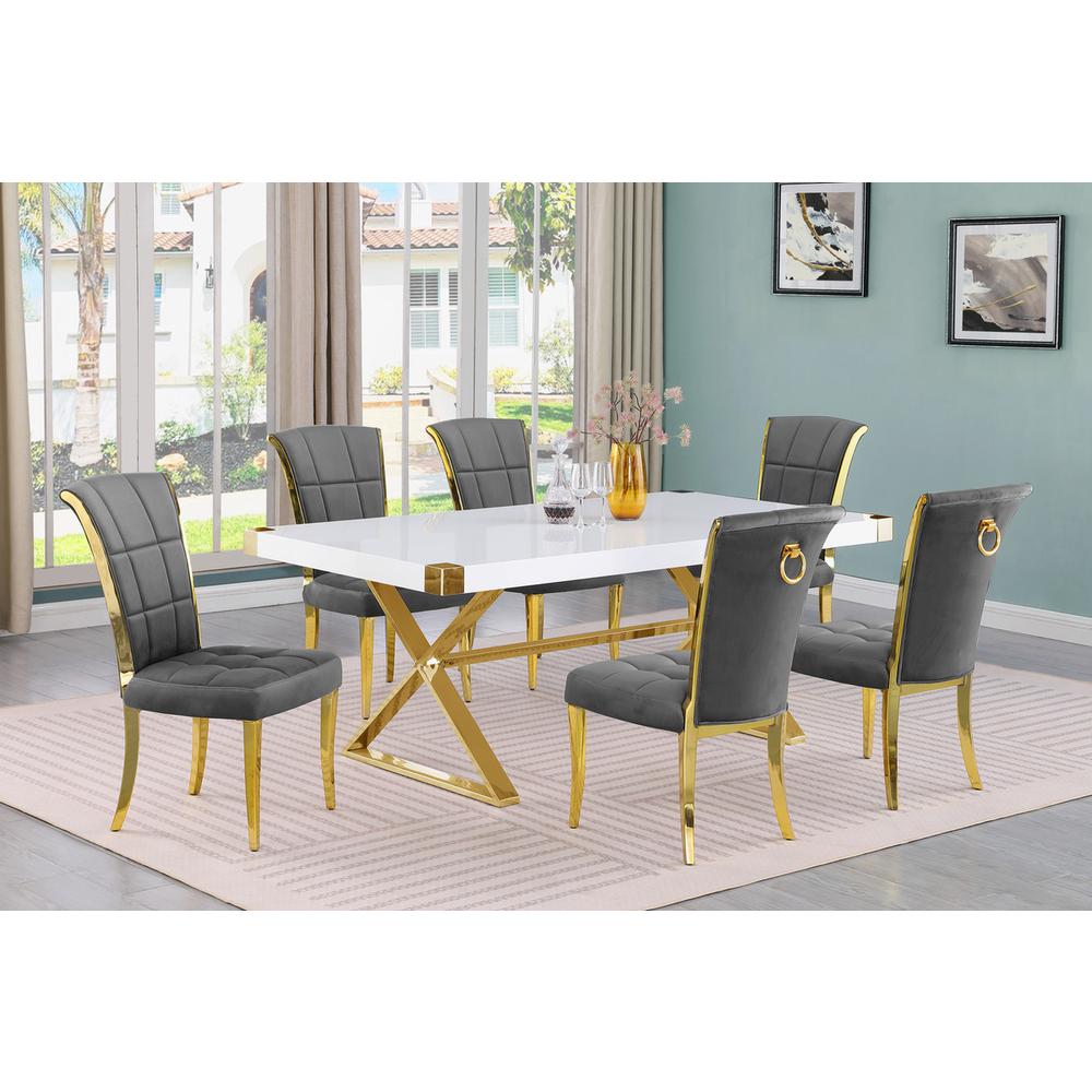 7pc Small(78″) white wood top dining set with gold base and 6 chairs