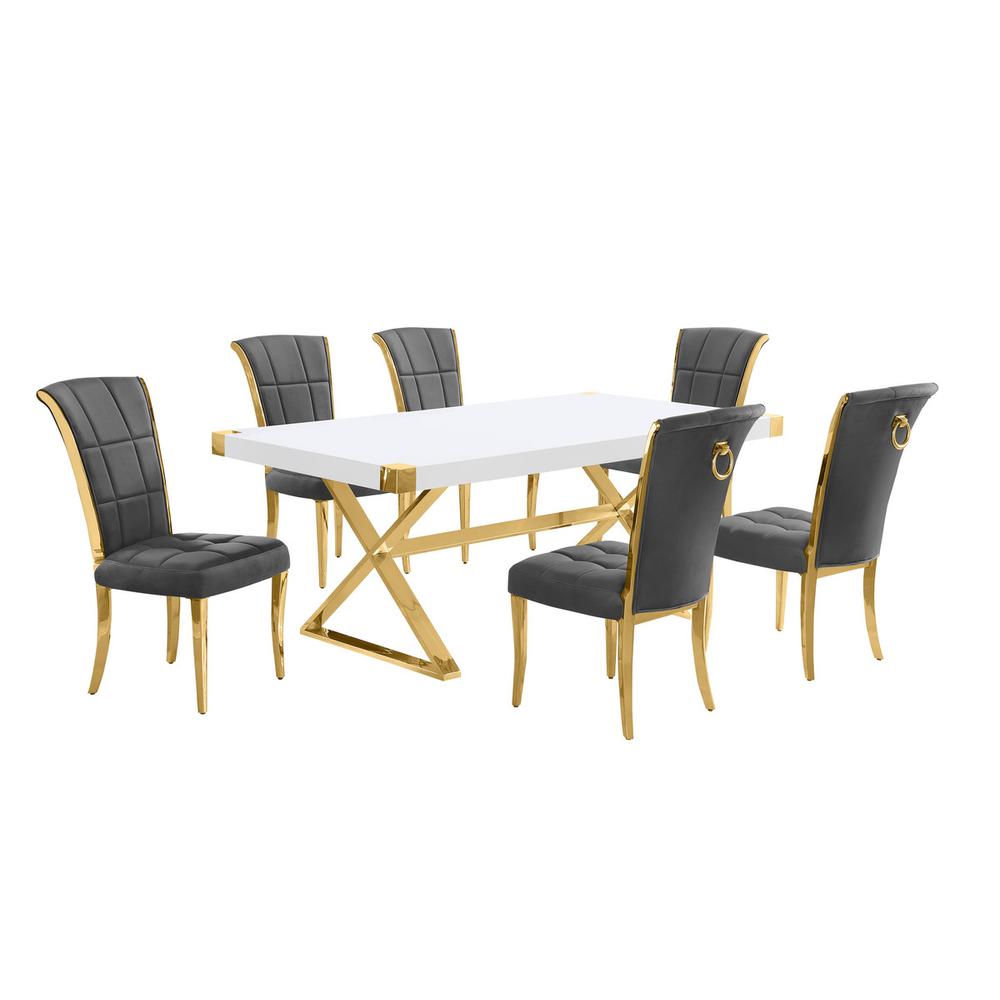 7pc Small(78″) white wood top dining set with gold base and 6 chairs
