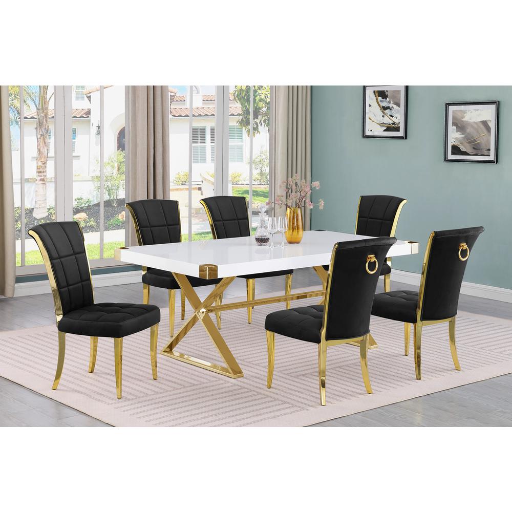 7pc Small(78″) white wood top dining set with gold base and 6 Black side chairs