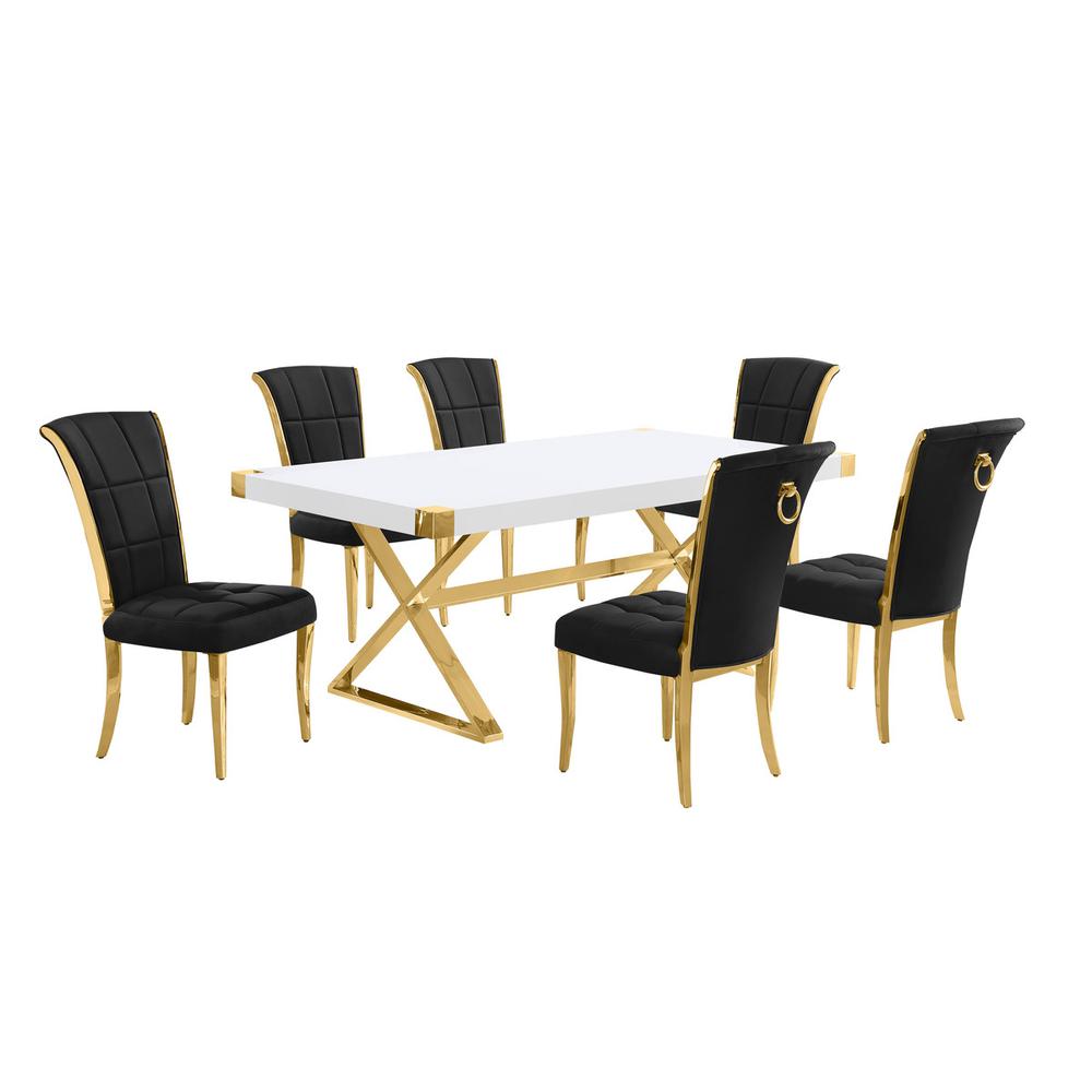 7pc Small(78″) white wood top dining set with gold base and 6 Black side chairs