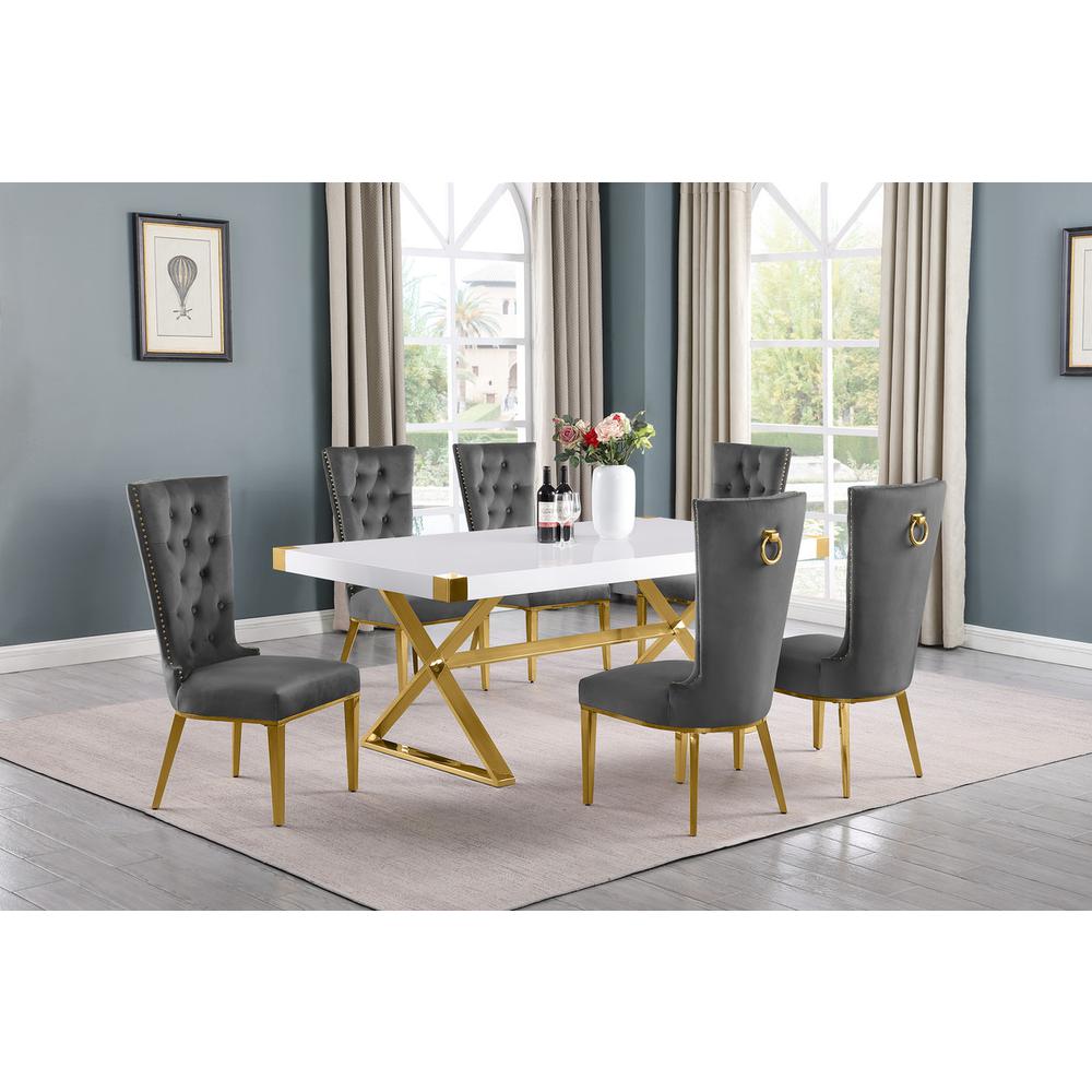 7pc Small(78″) white wood top dining set with gold base and 6 chairs