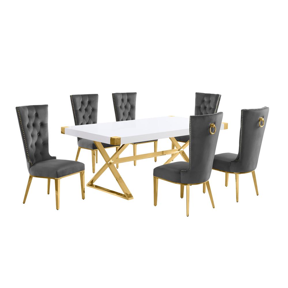 7pc Small(78″) white wood top dining set with gold base and 6 chairs