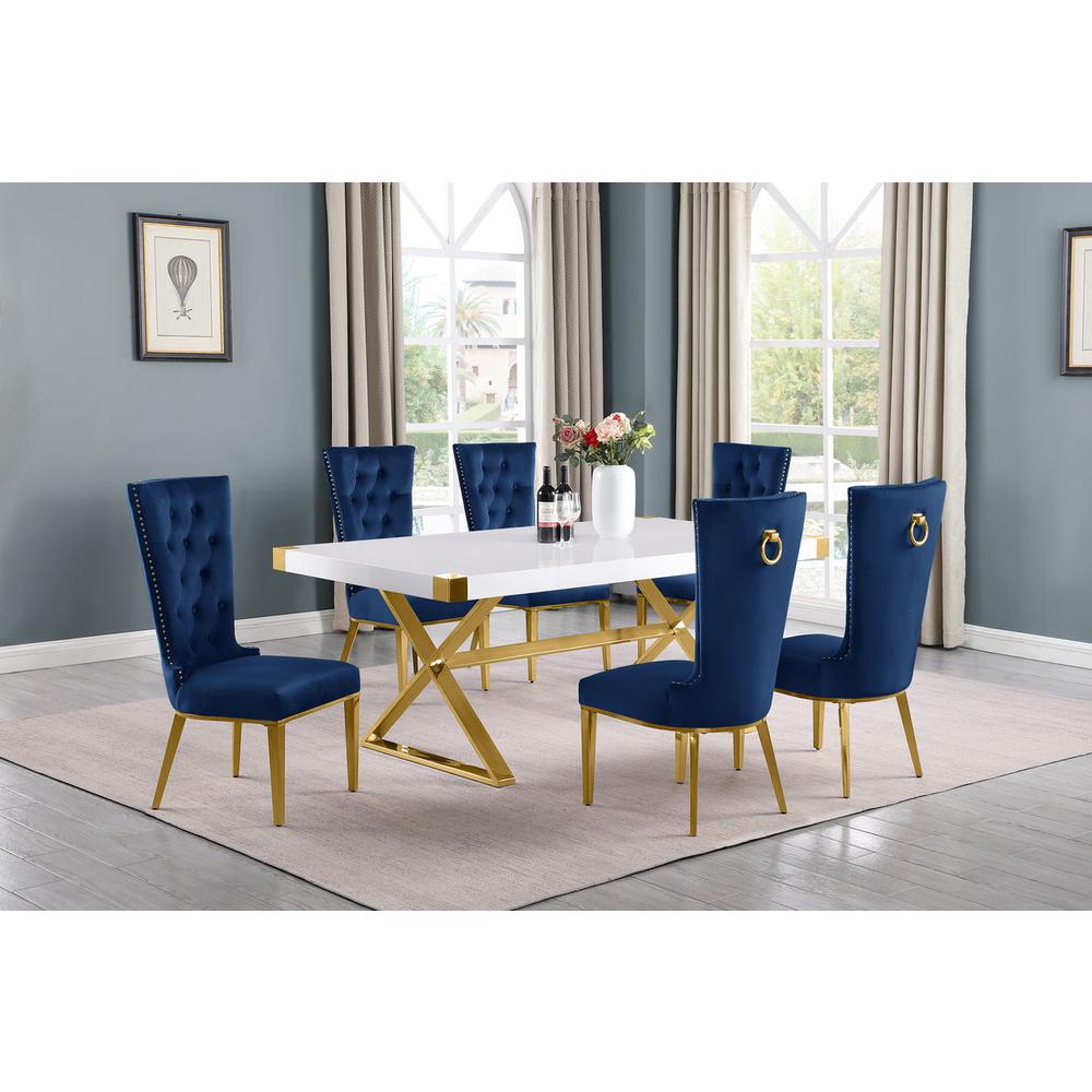 7pc Small(78″) white wood top dining set with gold base and 6 chairs
