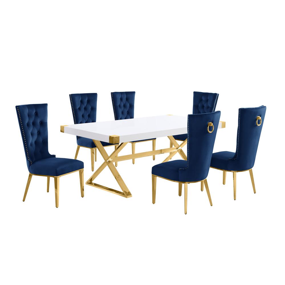 7pc Small(78″) white wood top dining set with gold base and 6 chairs