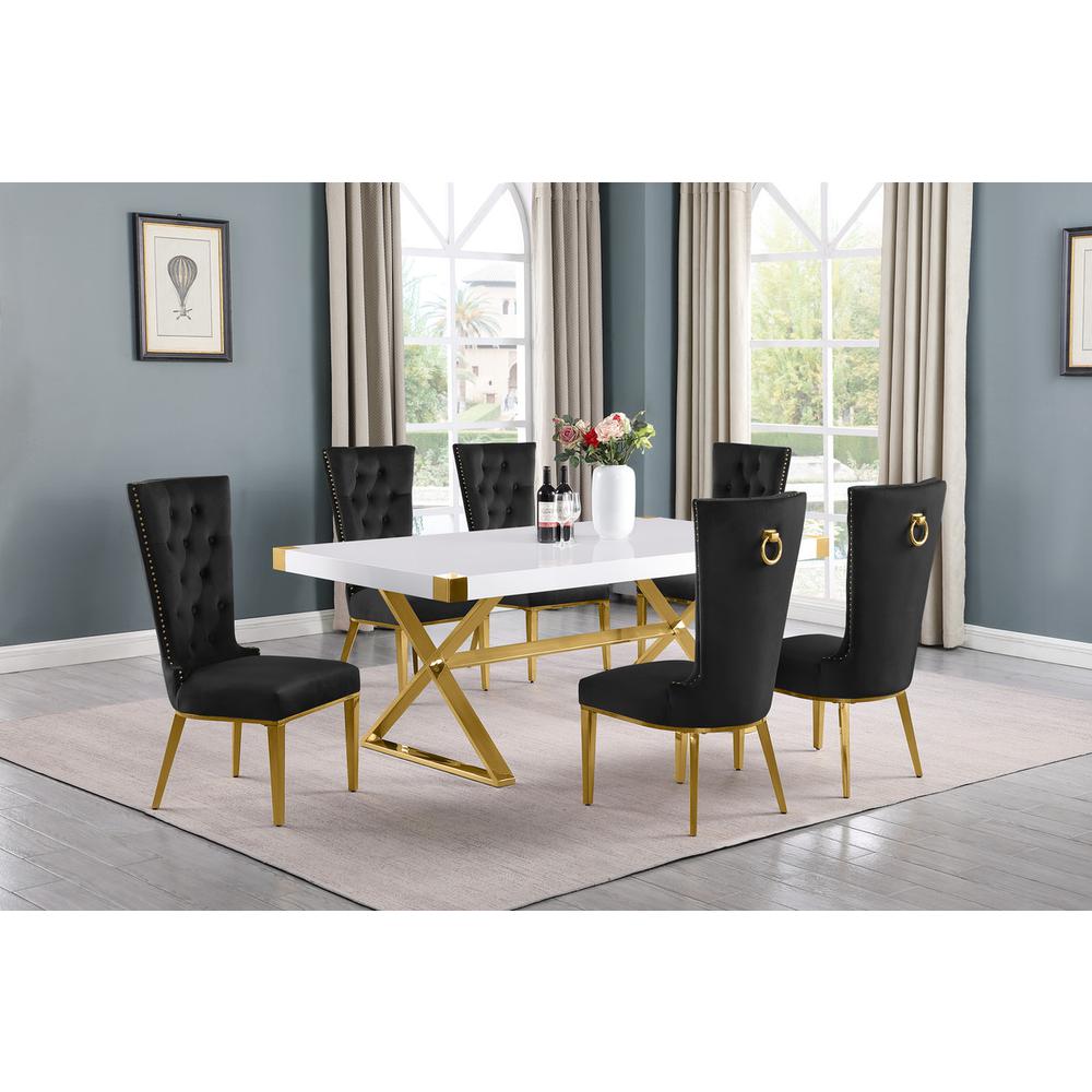 7pc Small(78″) white wood top dining set with gold base and 6 Black side chairs