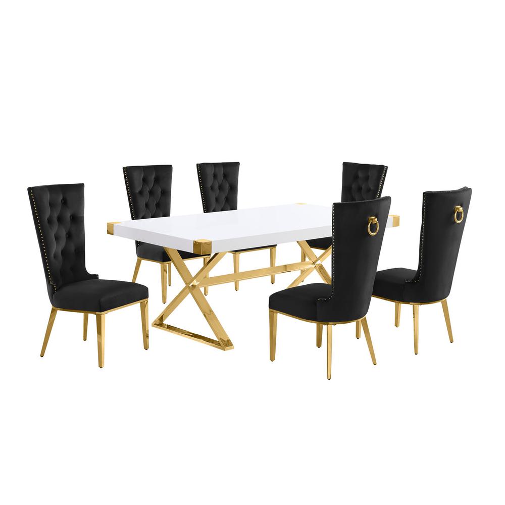 7pc Small(78″) white wood top dining set with gold base and 6 Black side chairs