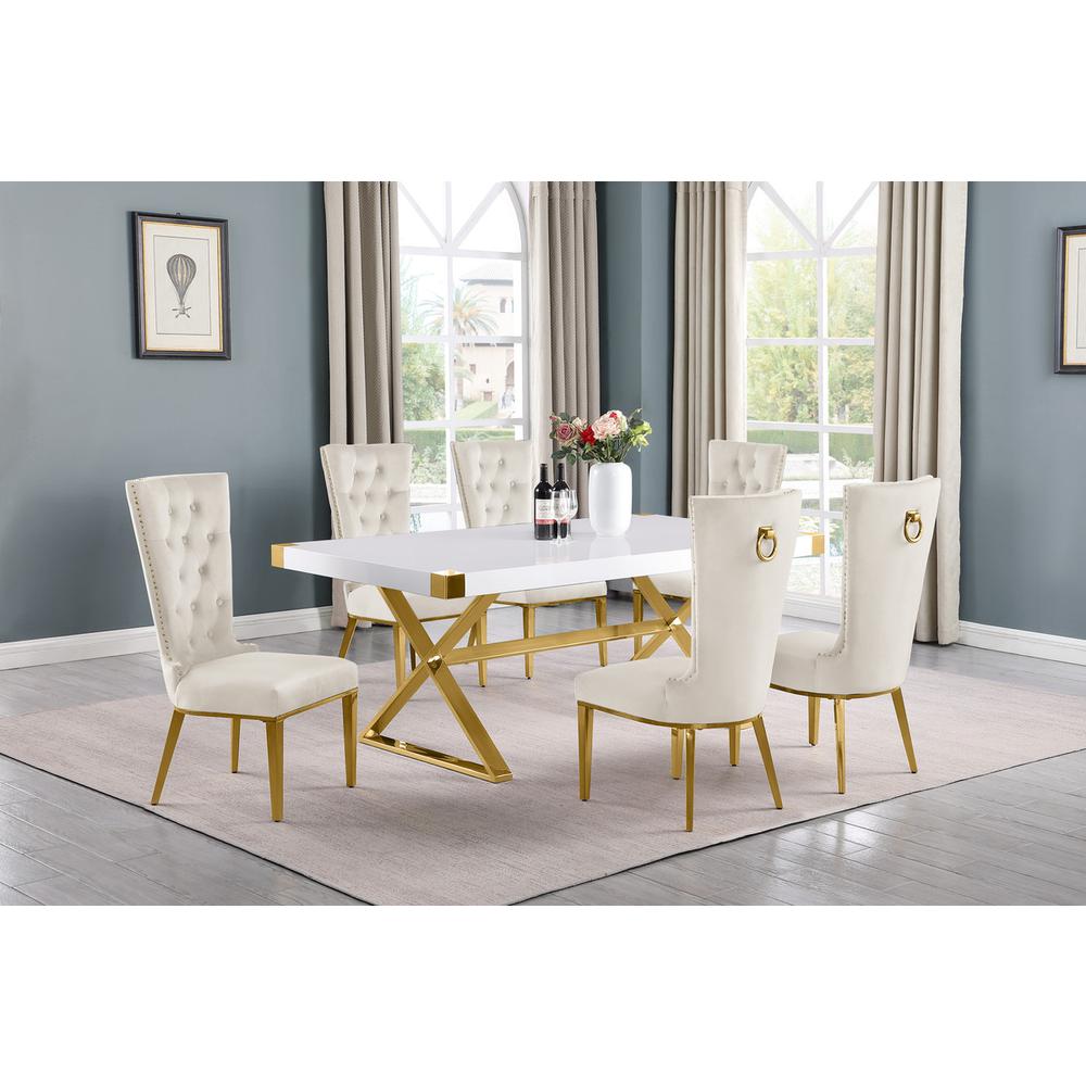 7pc Small(78″) white wood top dining set with gold base and 6 Cream side chairs