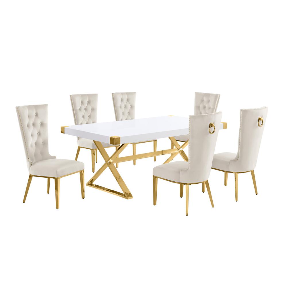 7pc Small(78″) white wood top dining set with gold base and 6 Cream side chairs