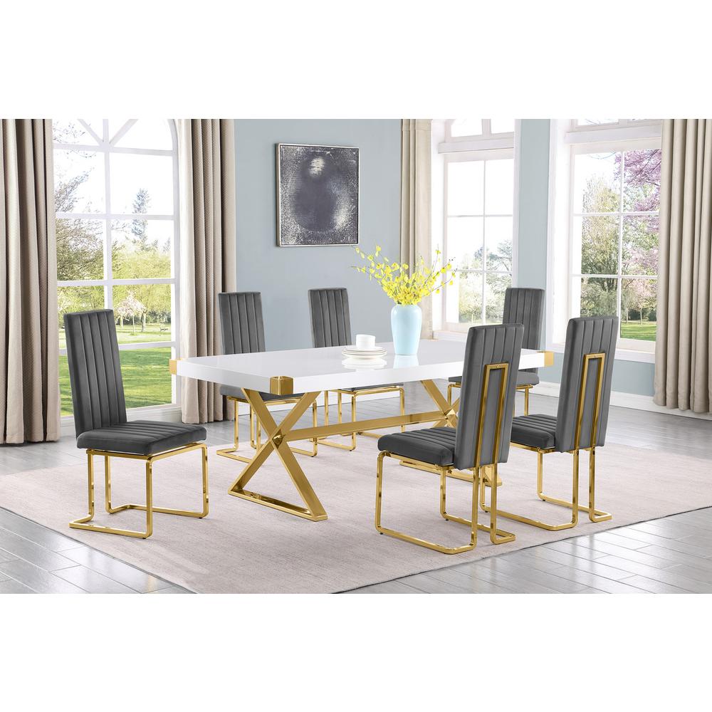 7pc Small(78″) white wood top dining set with gold base and 6 chairs