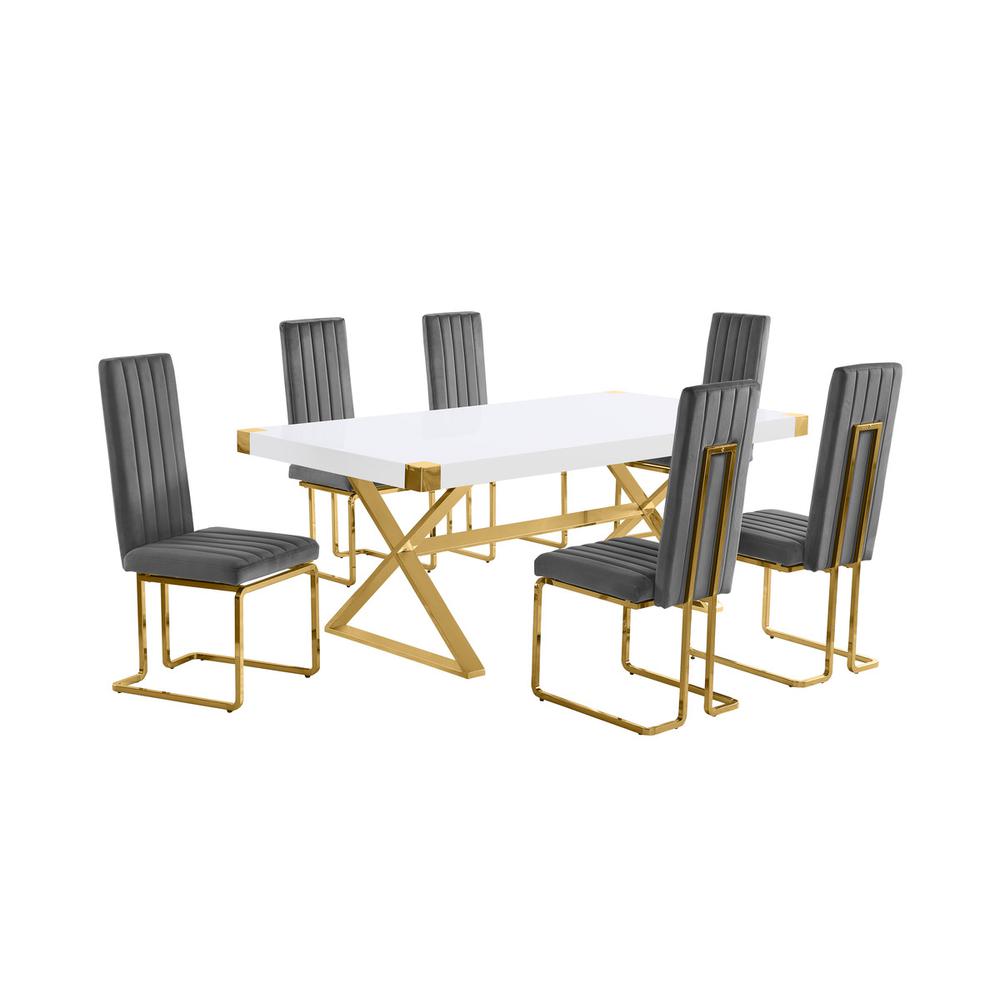 7pc Small(78″) white wood top dining set with gold base and 6 chairs
