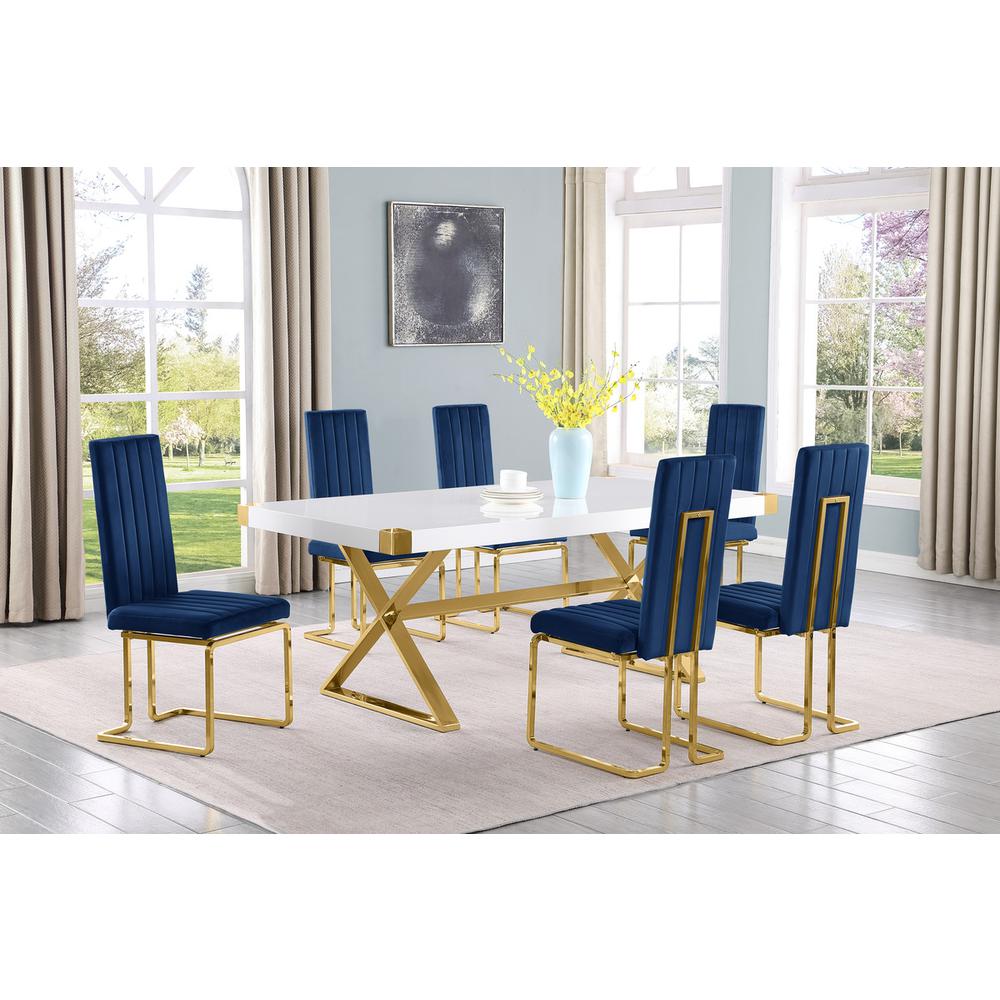 7pc Small(78″) white wood top dining set with gold base and 6 chairs