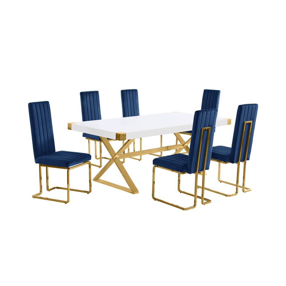 7pc Small(78″) white wood top dining set with gold base and 6 chairs