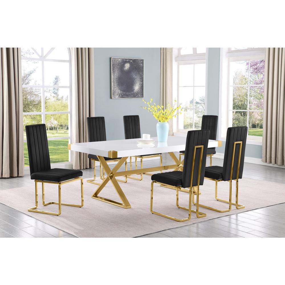 7pc Small(78″) white wood top dining set with gold base and 6 Black side chairs