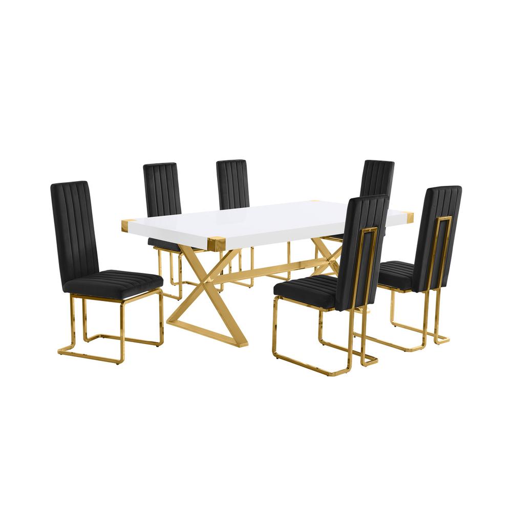 7pc Small(78″) white wood top dining set with gold base and 6 Black side chairs