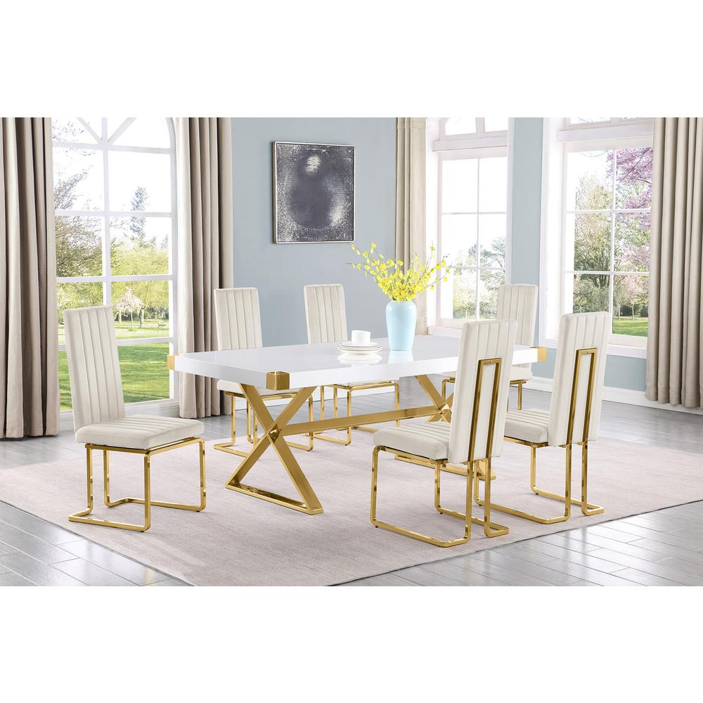 7pc Small(78″) white wood top dining set with gold base and 6 Cream side chairs
