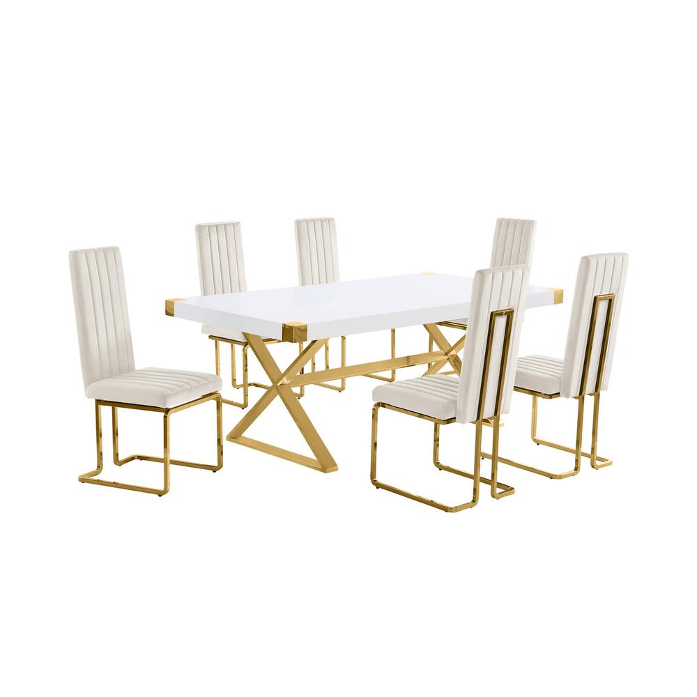 7pc Small(78″) white wood top dining set with gold base and 6 Cream side chairs