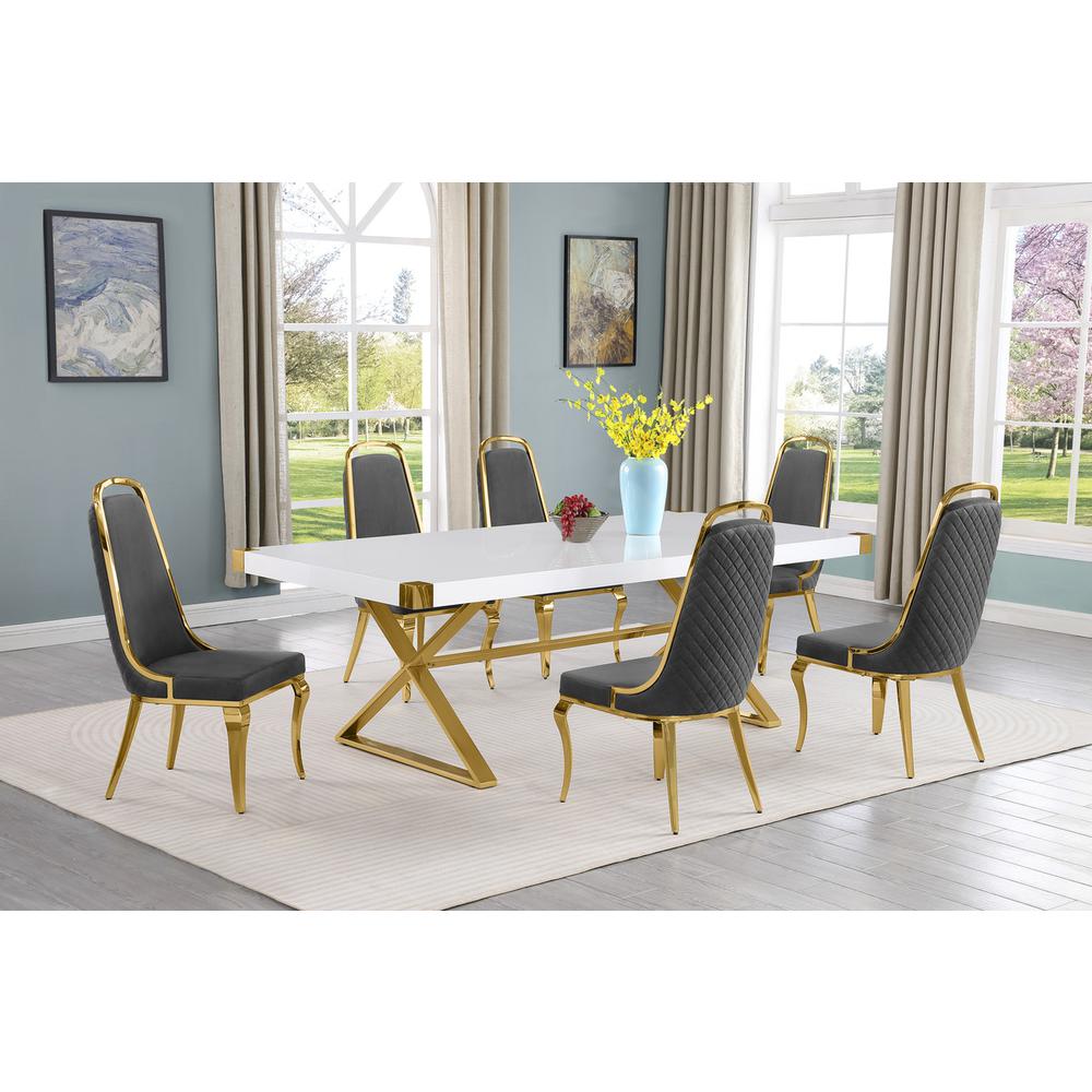 7pc Large(94″) white wood top dining set with gold base and 6 chairs