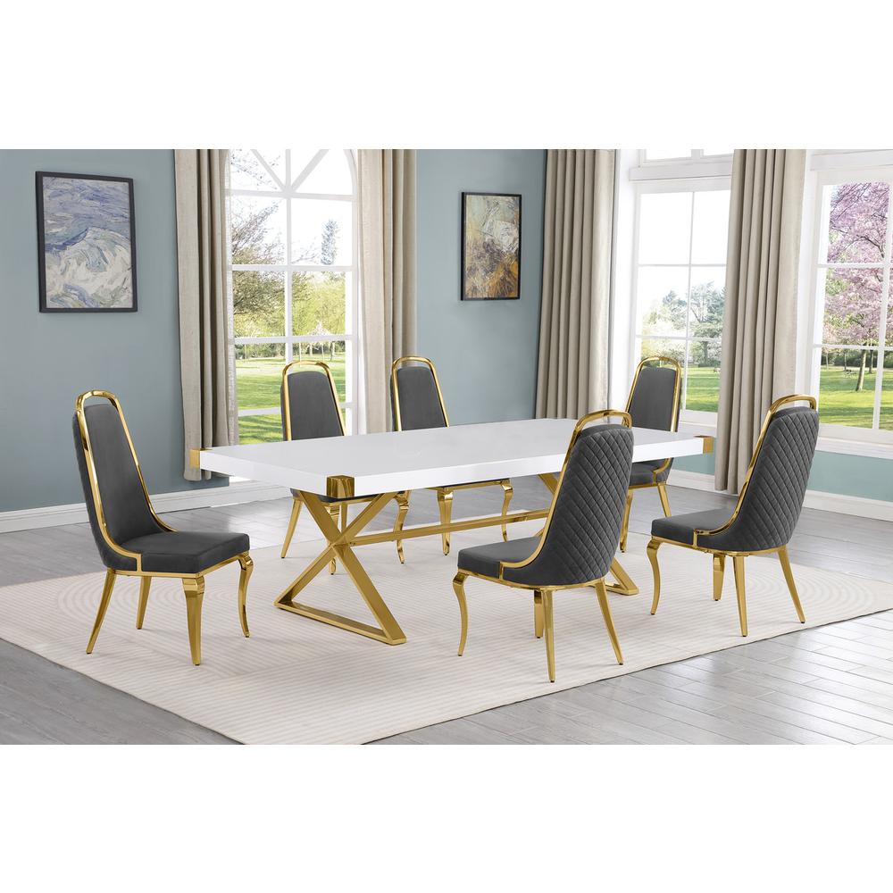 7pc Large(94″) white wood top dining set with gold base and 6 chairs