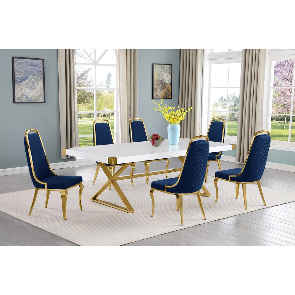 7pc Large(94″) white wood top dining set with gold base and 6 chairs