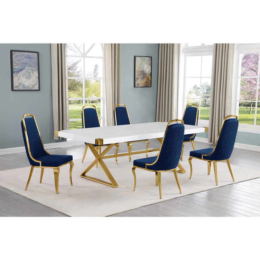 7pc Large(94″) white wood top dining set with gold base and 6 chairs