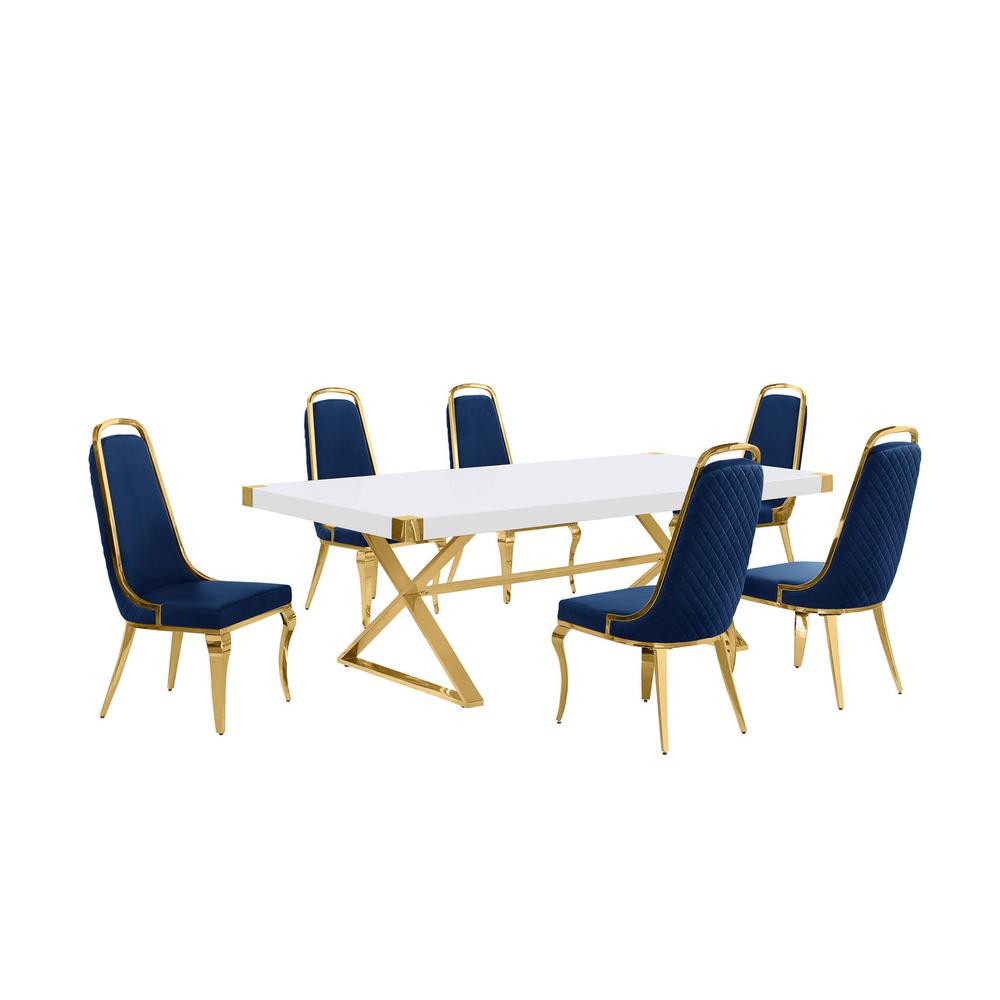 7pc Large(94″) white wood top dining set with gold base and 6 chairs