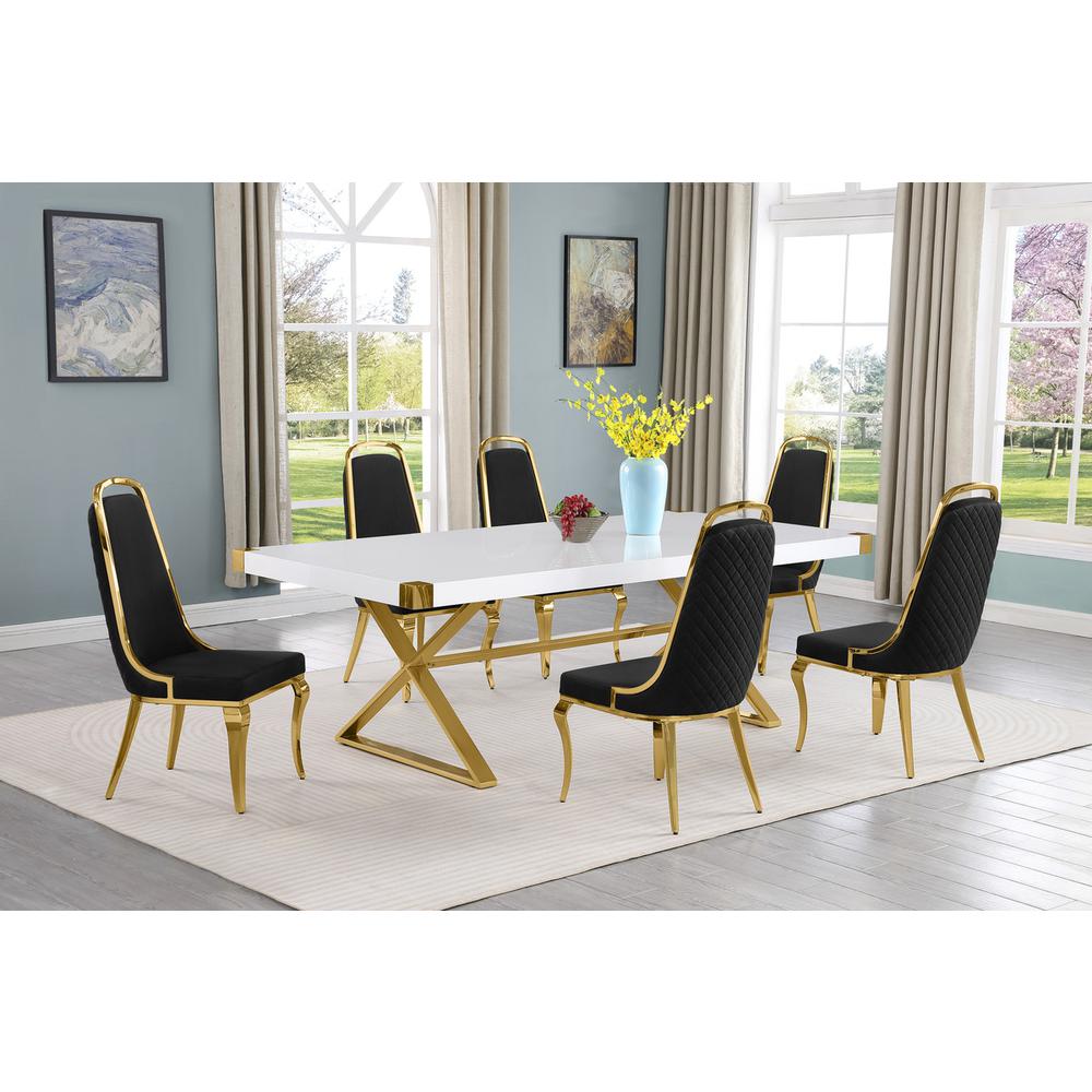 7pc Large(94″) white wood top dining set with gold base and 6 Black side chairs