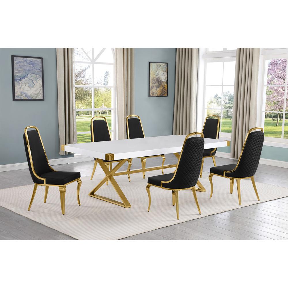7pc Large(94″) white wood top dining set with gold base and 6 Black side chairs
