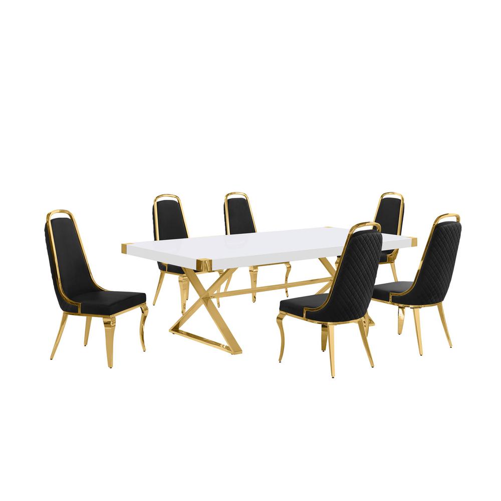 7pc Large(94″) white wood top dining set with gold base and 6 Black side chairs