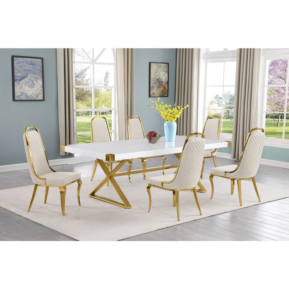 7pc Large(94″) white wood top dining set with gold base and 6 Cream side chairs
