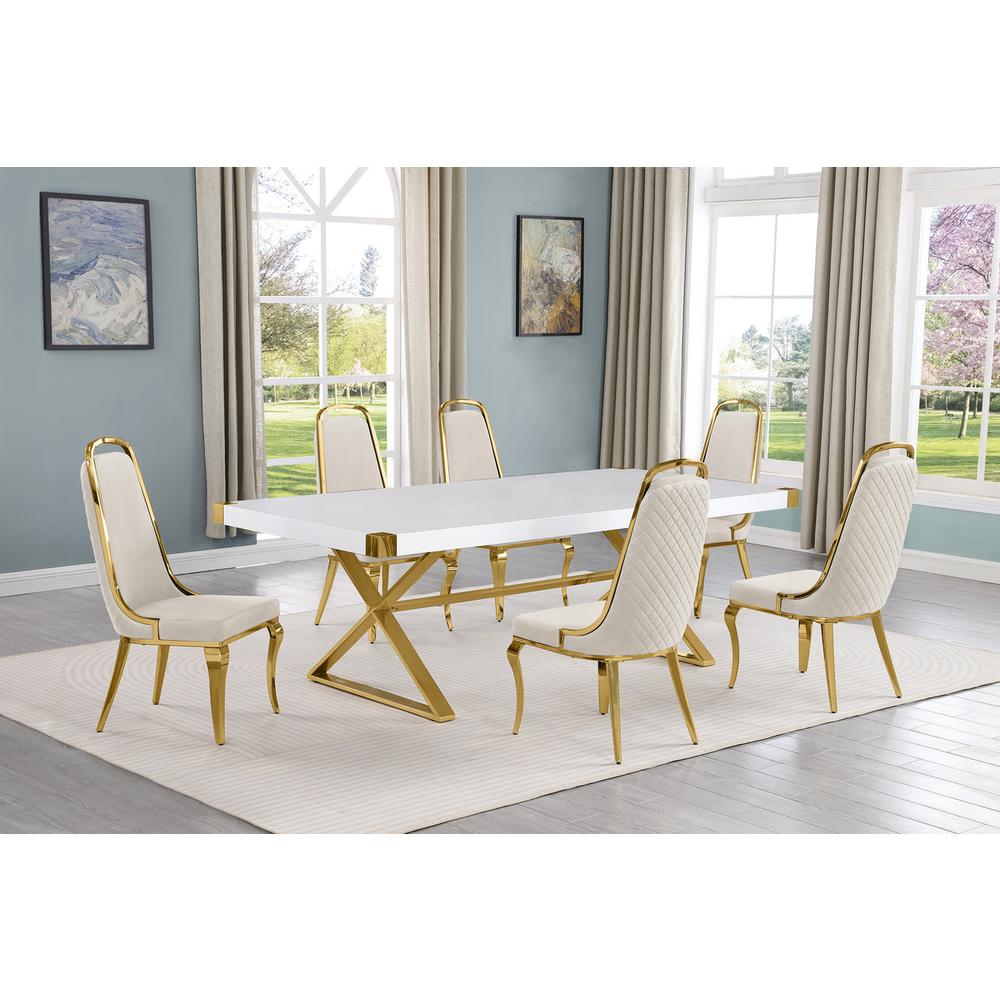 7pc Large(94″) white wood top dining set with gold base and 6 Cream side chairs