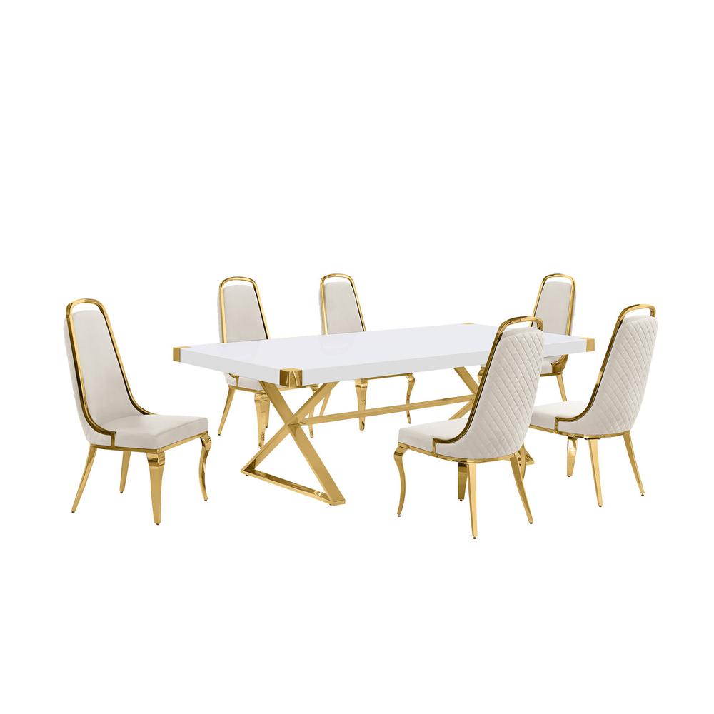 7pc Large(94″) white wood top dining set with gold base and 6 Cream side chairs