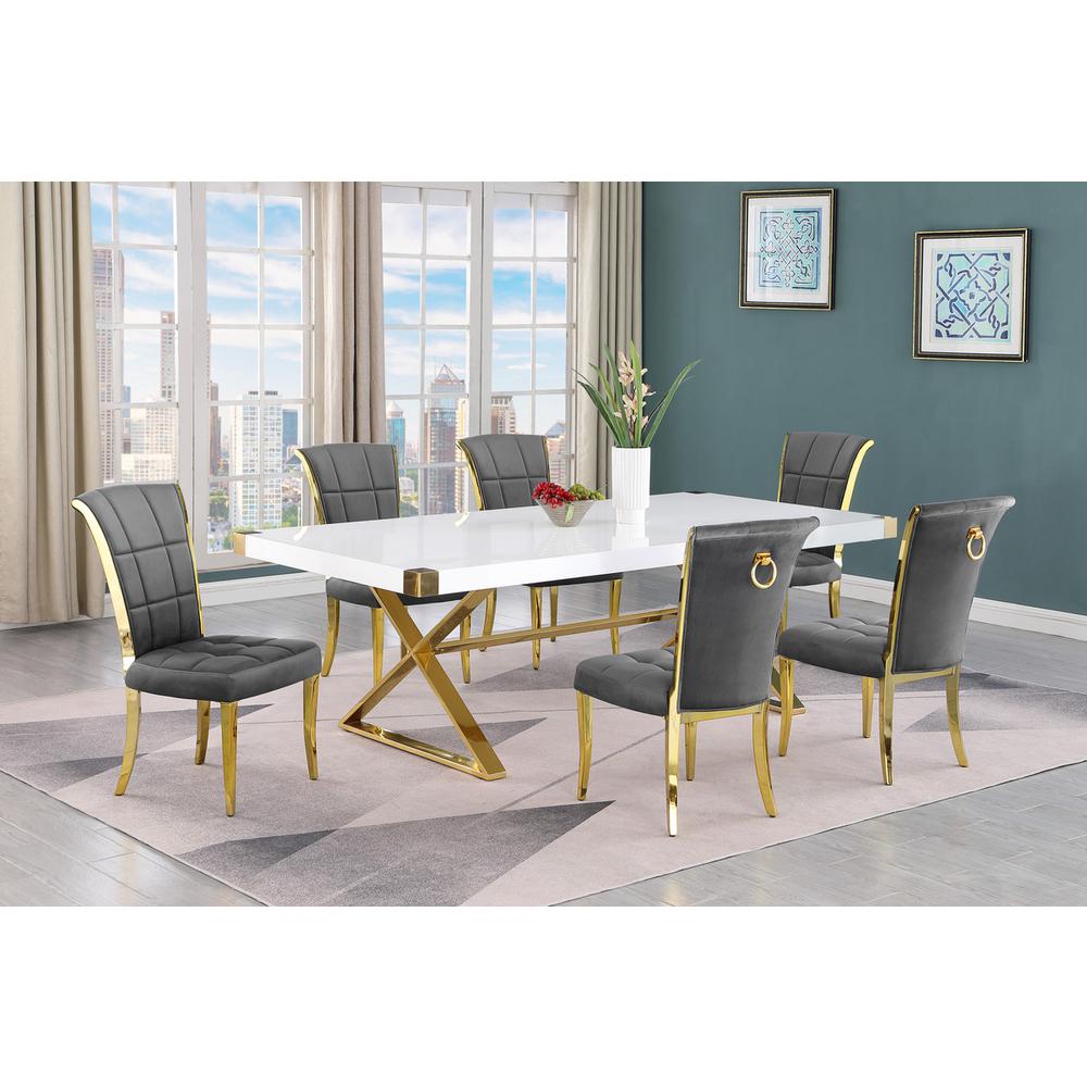 7pc Large(94″) white wood top dining set with gold base and 6 chairs