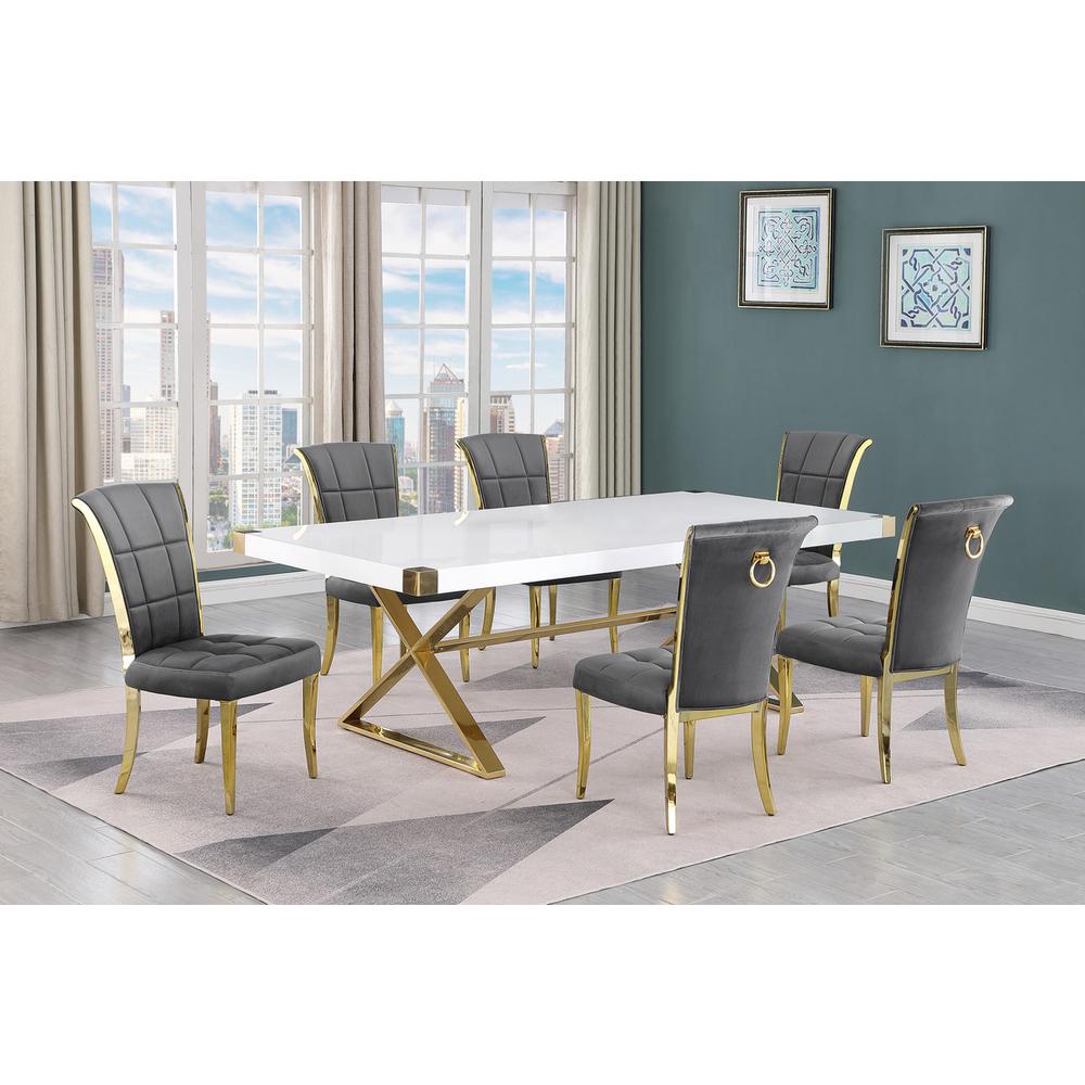7pc Large(94″) white wood top dining set with gold base and 6 chairs