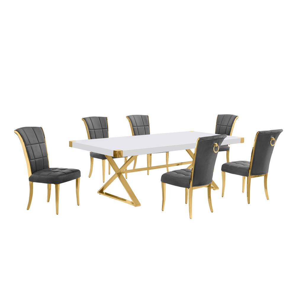 7pc Large(94″) white wood top dining set with gold base and 6 chairs