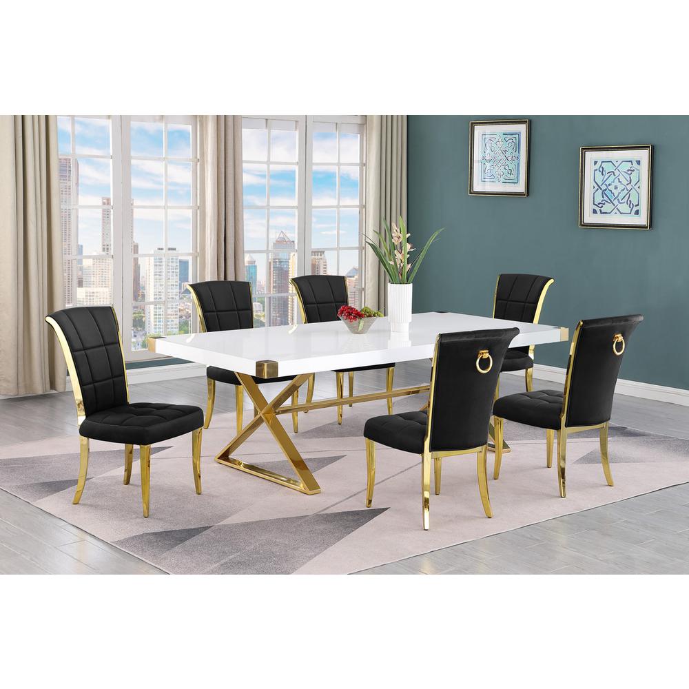 7pc Large(94″) white wood top dining set with gold base and 6 Black side chairs