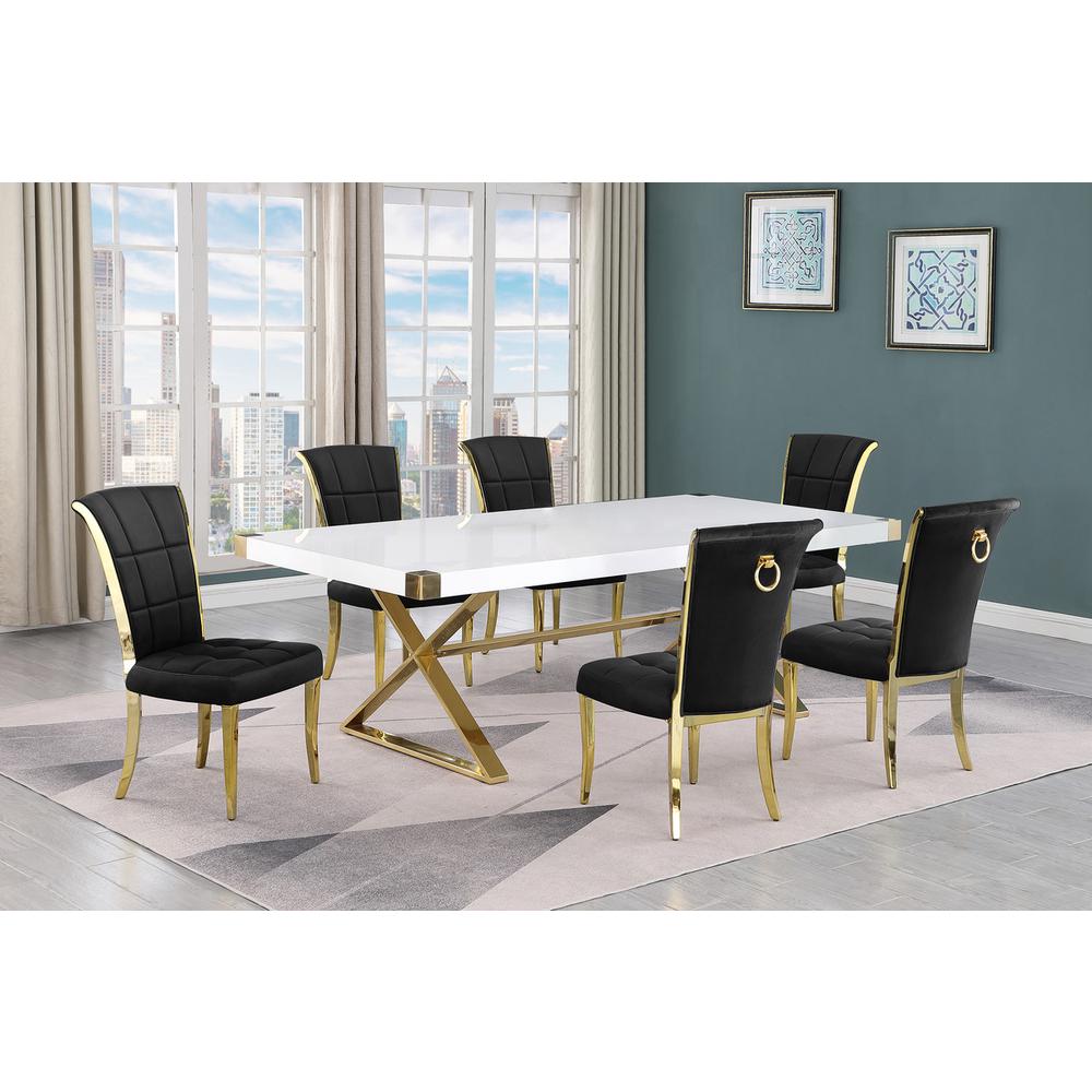 7pc Large(94″) white wood top dining set with gold base and 6 Black side chairs