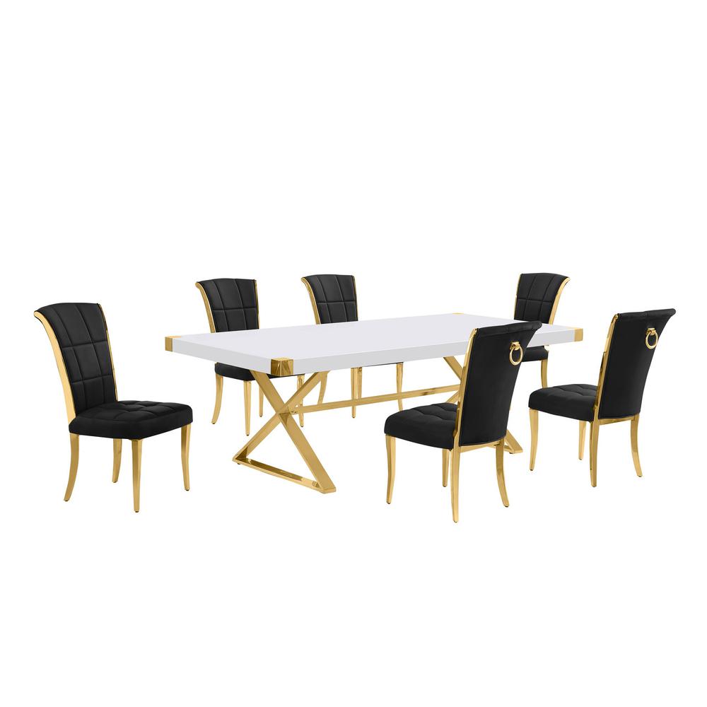 7pc Large(94″) white wood top dining set with gold base and 6 Black side chairs