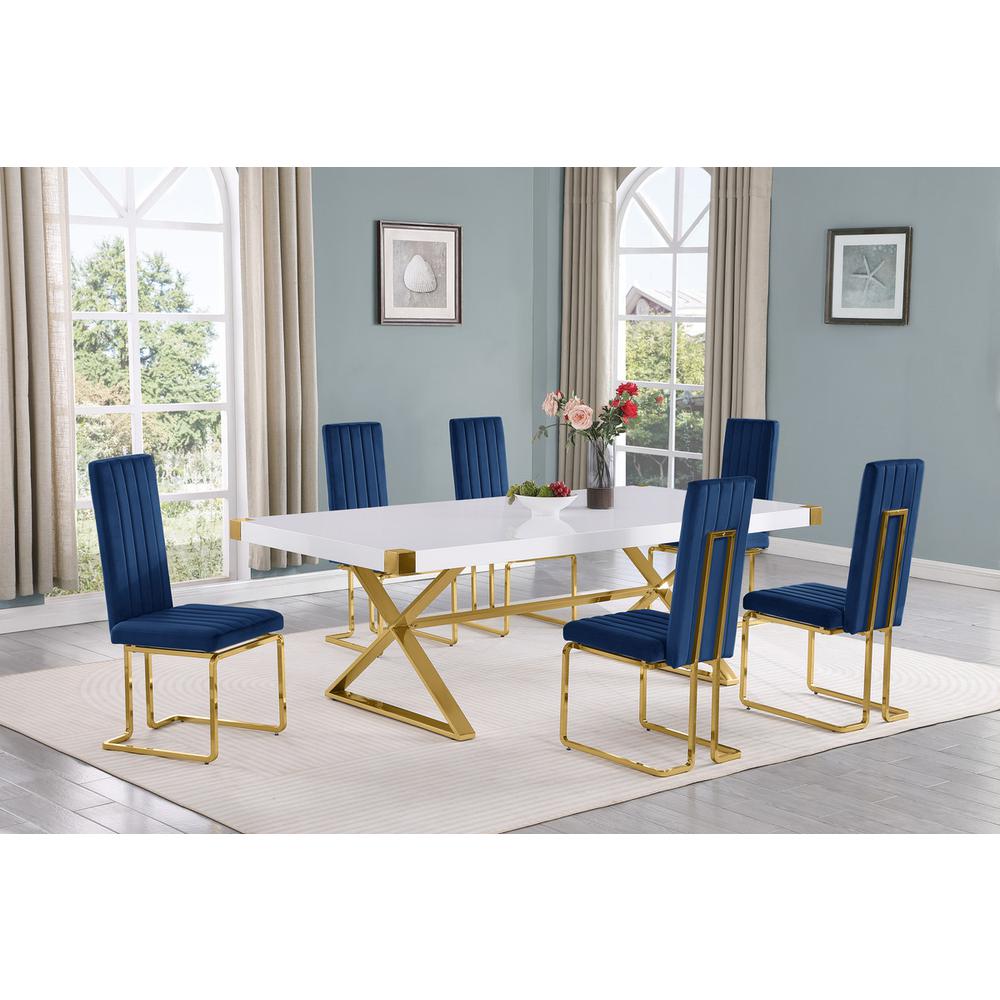 7pc Large(94″) white wood top dining set with gold base and 6 chairs