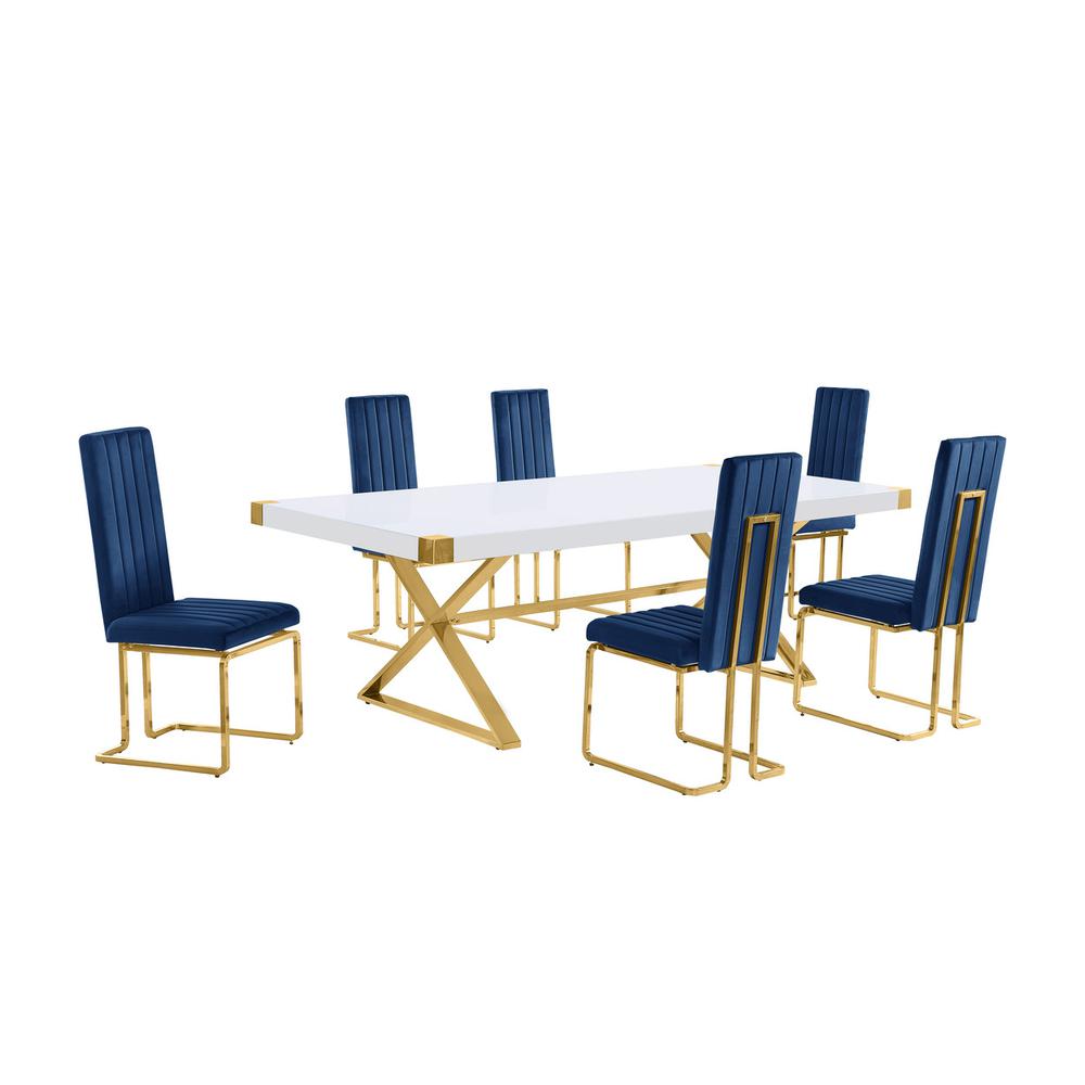 7pc Large(94″) white wood top dining set with gold base and 6 chairs