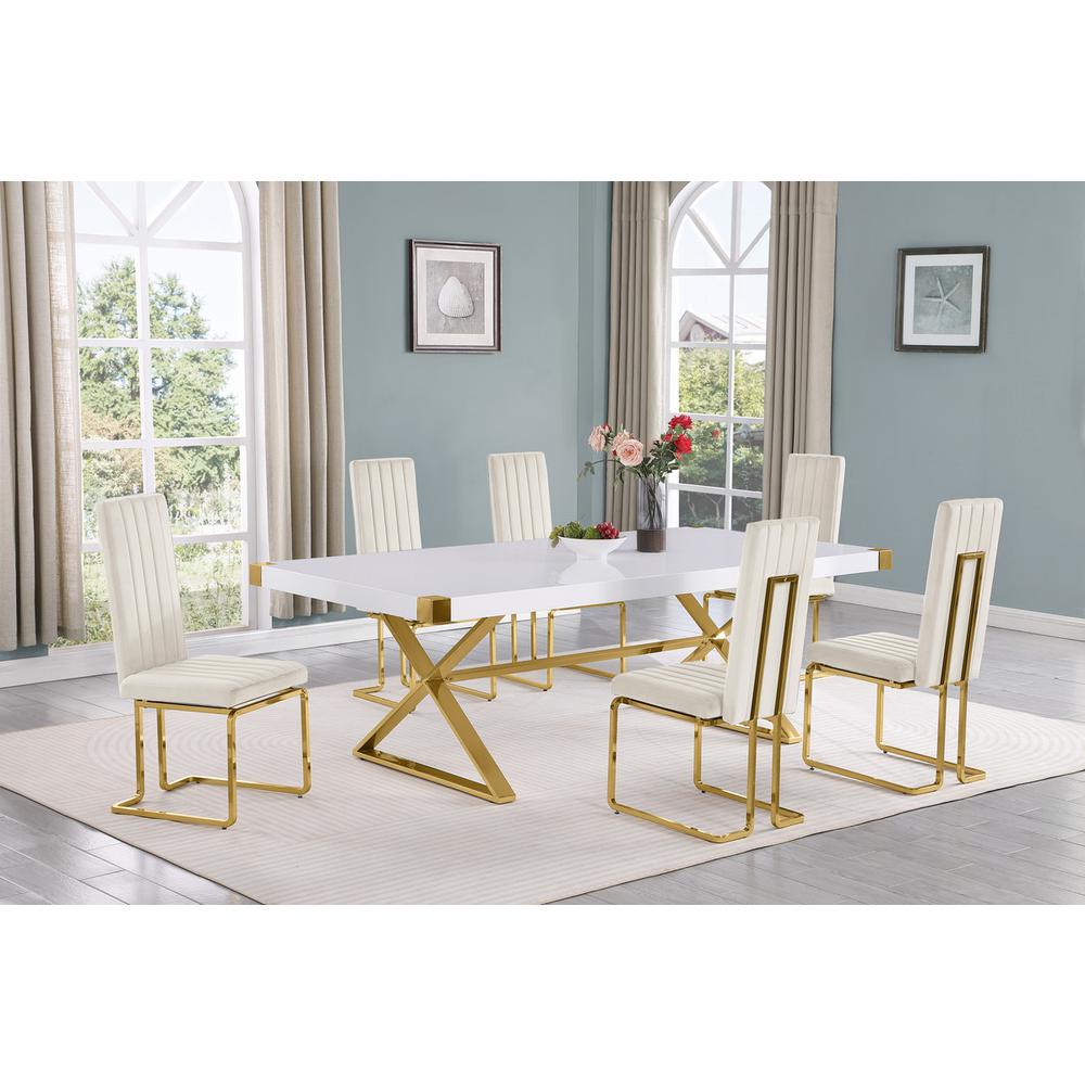7pc Large(94″) white wood top dining set with gold base and 6 Cream side chairs